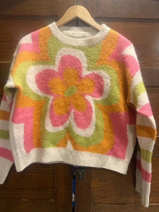 Altar'd State medium Pink Orange flower power mock-neck knit cropped Sweater - Picture 2 of 11